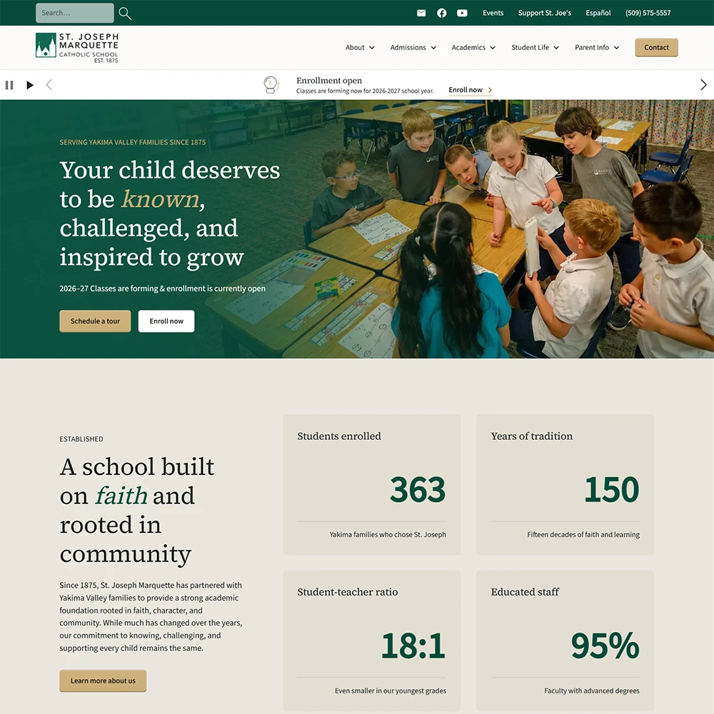 Full-page screenshot of the St. Joseph Marquette Catholic School homepage. It opens with a classroom hero reading 'Your child deserves to be known, challenged, and inspired to grow' with schedule-a-tour and enroll buttons, followed by enrollment stats (363 students enrolled, 150 years of tradition, an 18:1 student-teacher ratio, and 95% educated staff), a principal welcome, a 'What sets us apart' section, family testimonials, grade-level programs from Pre-K through 8th grade, giving and events sections, a faith-and-purpose feature, and a footer with contact details and a campus map.