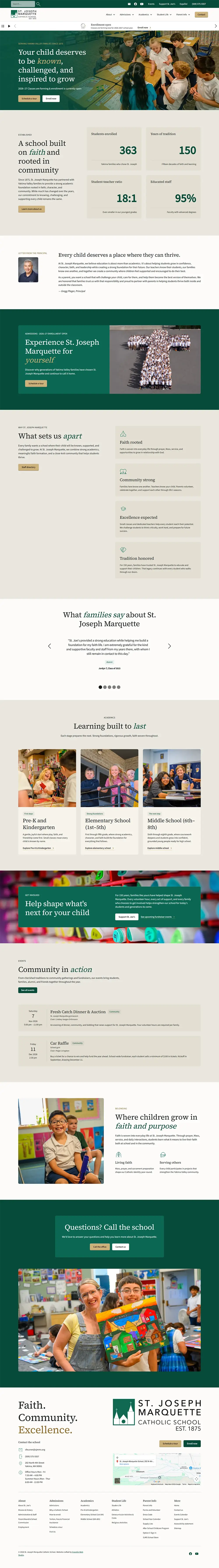 Full-page screenshot of the St. Joseph Marquette Catholic School homepage. It opens with a classroom hero reading 'Your child deserves to be known, challenged, and inspired to grow' with schedule-a-tour and enroll buttons, followed by enrollment stats (363 students enrolled, 150 years of tradition, an 18:1 student-teacher ratio, and 95% educated staff), a principal welcome, a 'What sets us apart' section, family testimonials, grade-level programs from Pre-K through 8th grade, giving and events sections, a faith-and-purpose feature, and a footer with contact details and a campus map.
