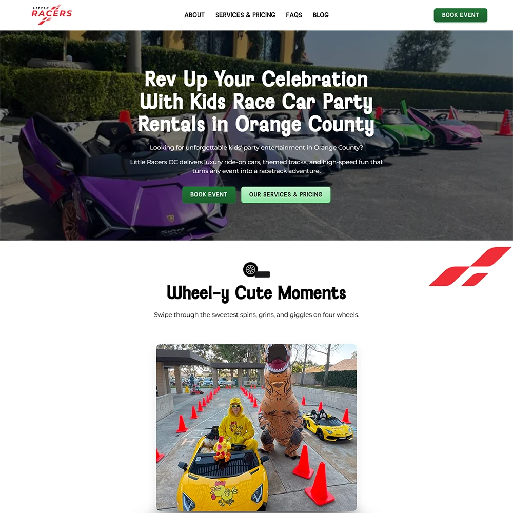 Homepage of Little Racers OC, a kids’ race car party rental service in Orange County. The playful design features bright colors, banners, kids driving small race cars, parent testimonials, event highlights, booking calls-to-action, and an accessible contact form.