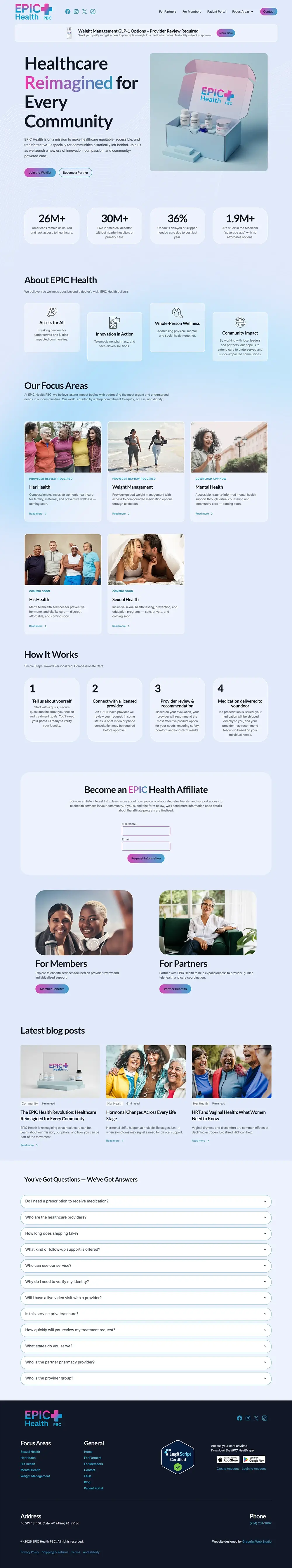 Homepage of Epic Health PBC, a healthcare startup. Features a modern gradient design with 3D medical graphics, stats on healthcare access, focus areas on mental and maternal health, partnerships, and contact forms.