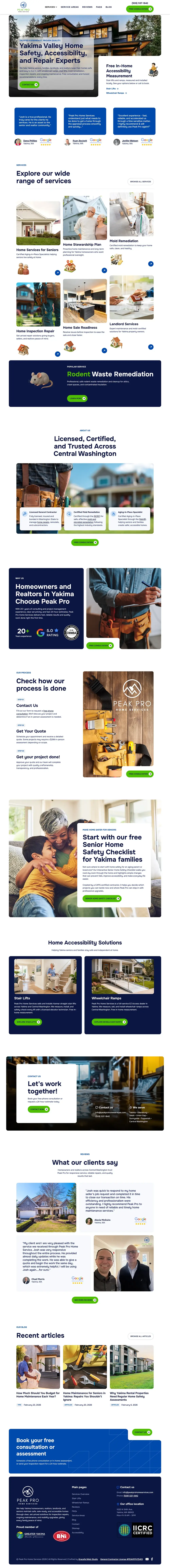 Full-page screenshot of the Peak Pro Home Services homepage, showing sections for trusted home repair services in Yakima, inspection report upload call-to-action, service categories, $99 post-repair inspection, contractor certifications, client trust badges, step-by-step process overview, contact and consultation options, featured testimonials, recent articles, and footer with business information and IICRC certification.