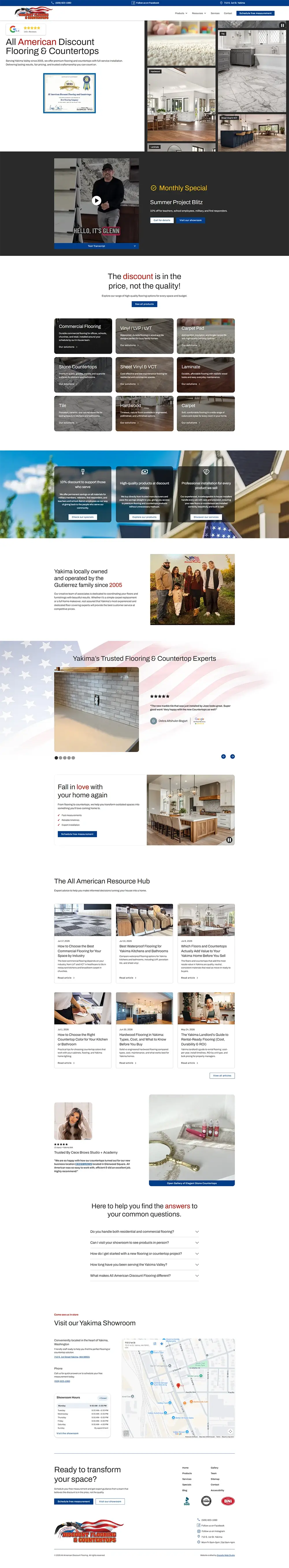 Homepage of All American Discount Flooring & Countertops website featuring a hero section with flooring images and promotional text, followed by service highlights, product categories, customer testimonials, a resource blog grid, showroom location map in Yakima, and a call-to-action to schedule a free in-home estimate.