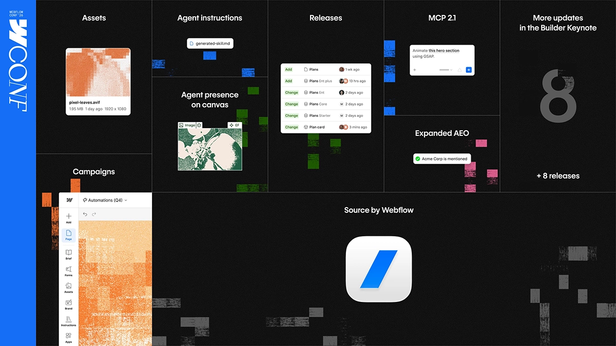 Webflow Conf 2026 announcement recap: Assets, Agent Instructions, Releases, MCP 2.1, Campaigns, Expanded AEO, and Source by Webflow