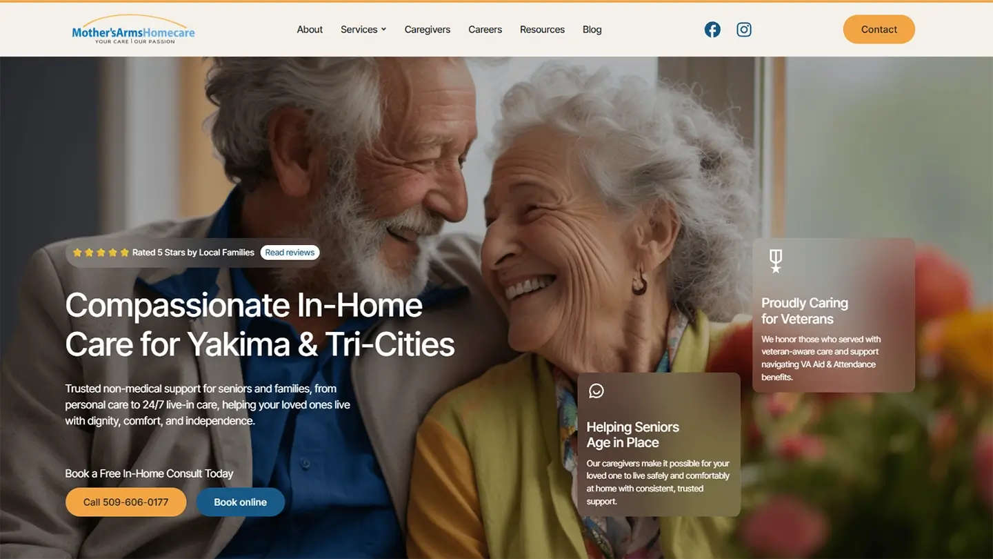 Screenshot of Mothers Arms Homecare Homepage Hero section with vibrant elderly couple image