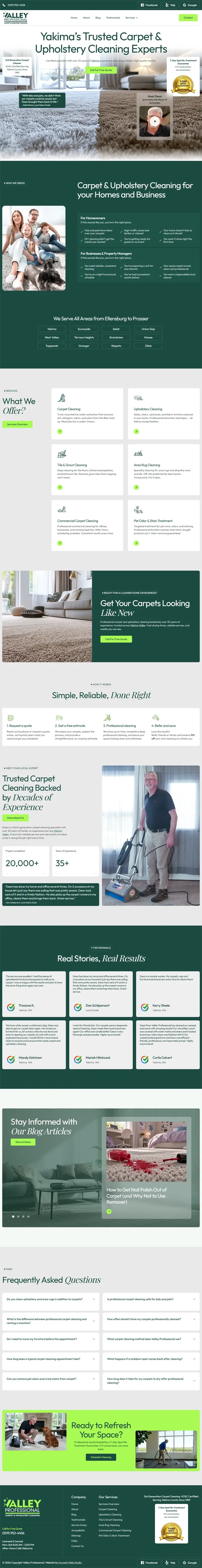Full-page screenshot of the Valley Professional Carpet & Upholstery Cleaning homepage, showing the hero with a Call for Free Quote button, a Meet Dean video, the 7-day spot re-treatment guarantee, homeowner and business sections, Yakima Valley service areas, six service cards, a four-step process, Dean's experience stats, customer reviews, blog articles, FAQs, and a Schedule Cleaning call to action.