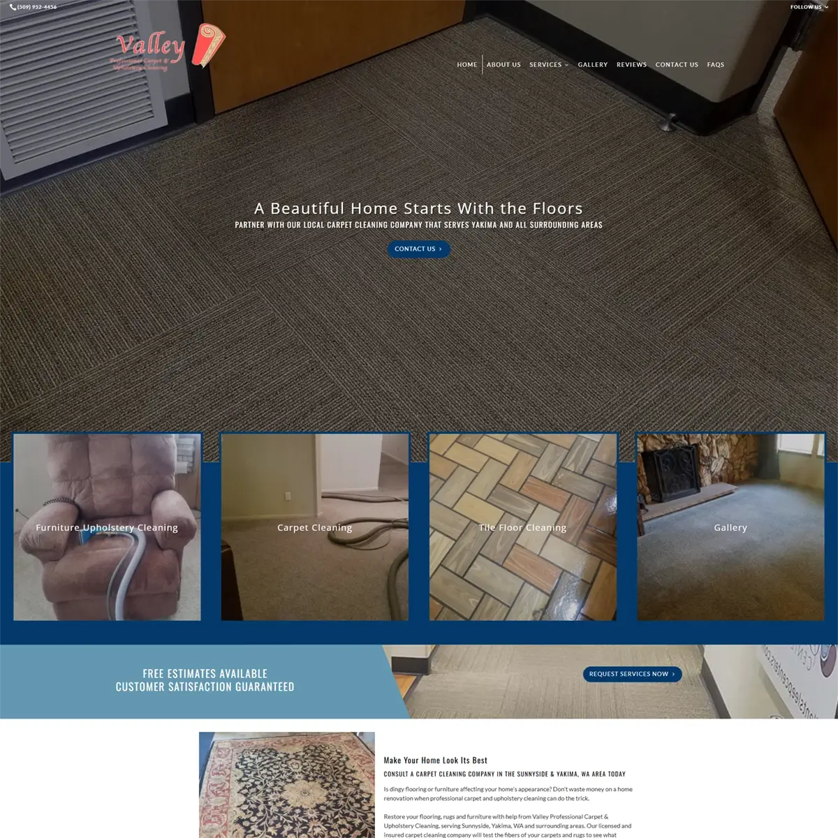 Valley Professional's old homepage. A dark photo of commercial carpet fills the hero, with a small red script logo in the corner and the headline "A Beautiful Home Starts With the Floors." Below it are four photo tiles for furniture upholstery, carpet, tile floor cleaning, and the gallery, then a blue "Free Estimates Available" banner.