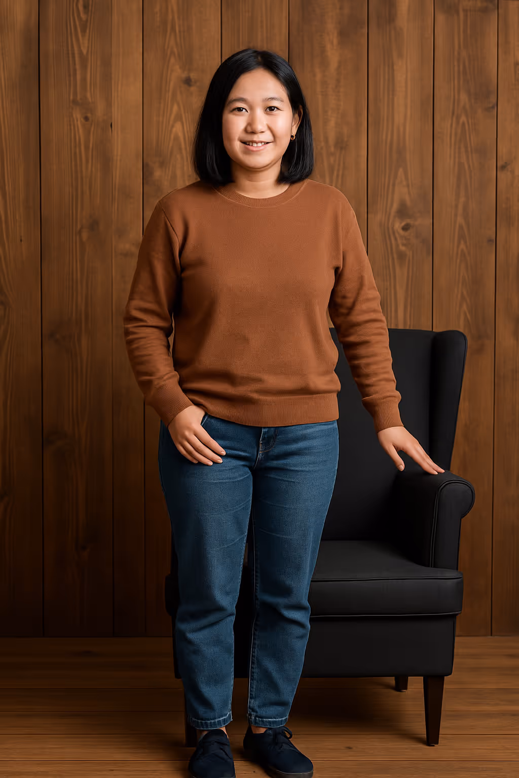 Person steht vor Holzpaneelwand, trägt braunen Pullover und Jeans, lächelt freundlich.
