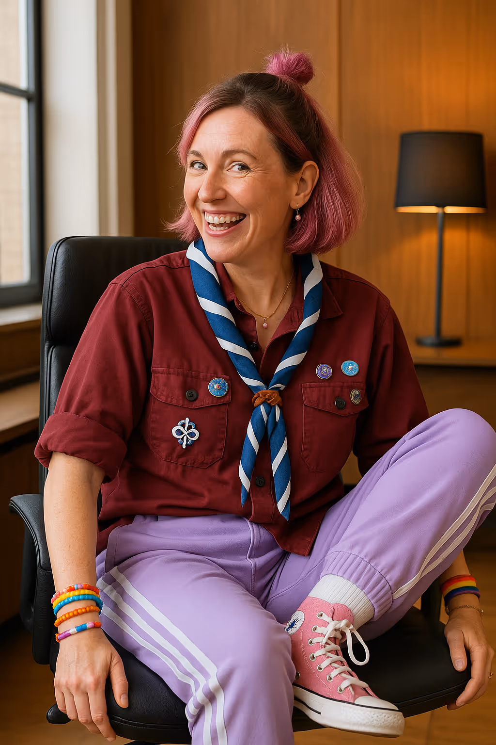 Person sitzt lachend im Sessel, trägt bordeauxfarbenes Hemd, lila Hose und bunte Armbänder.
