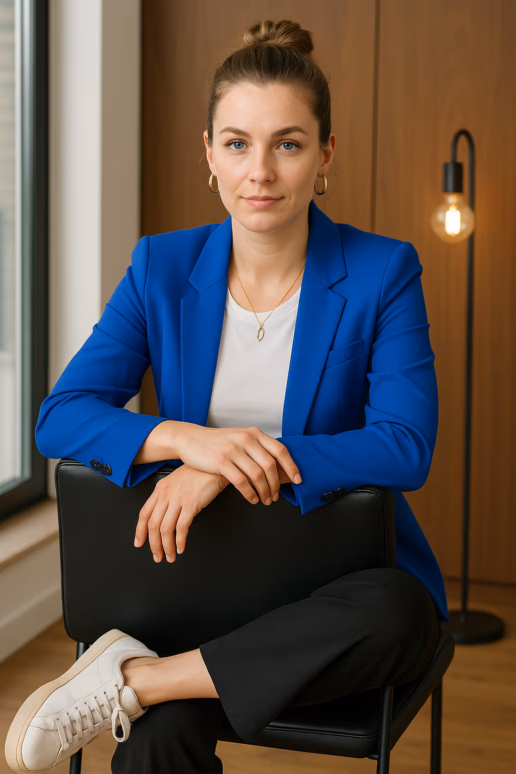 Person sitzt im Sessel, trägt blauen Blazer und weißen Pullover, Blick direkt in die Kamera.
