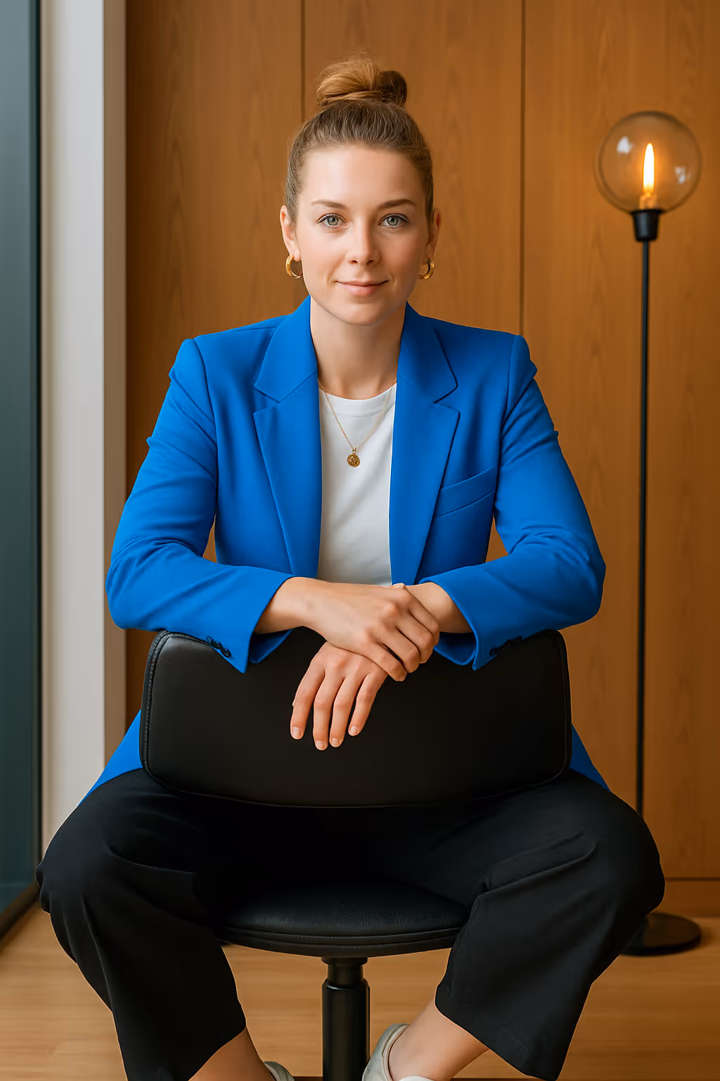 Person sitzt im Stuhl, trägt blauen Blazer und weißen Pullover, Blick direkt.
