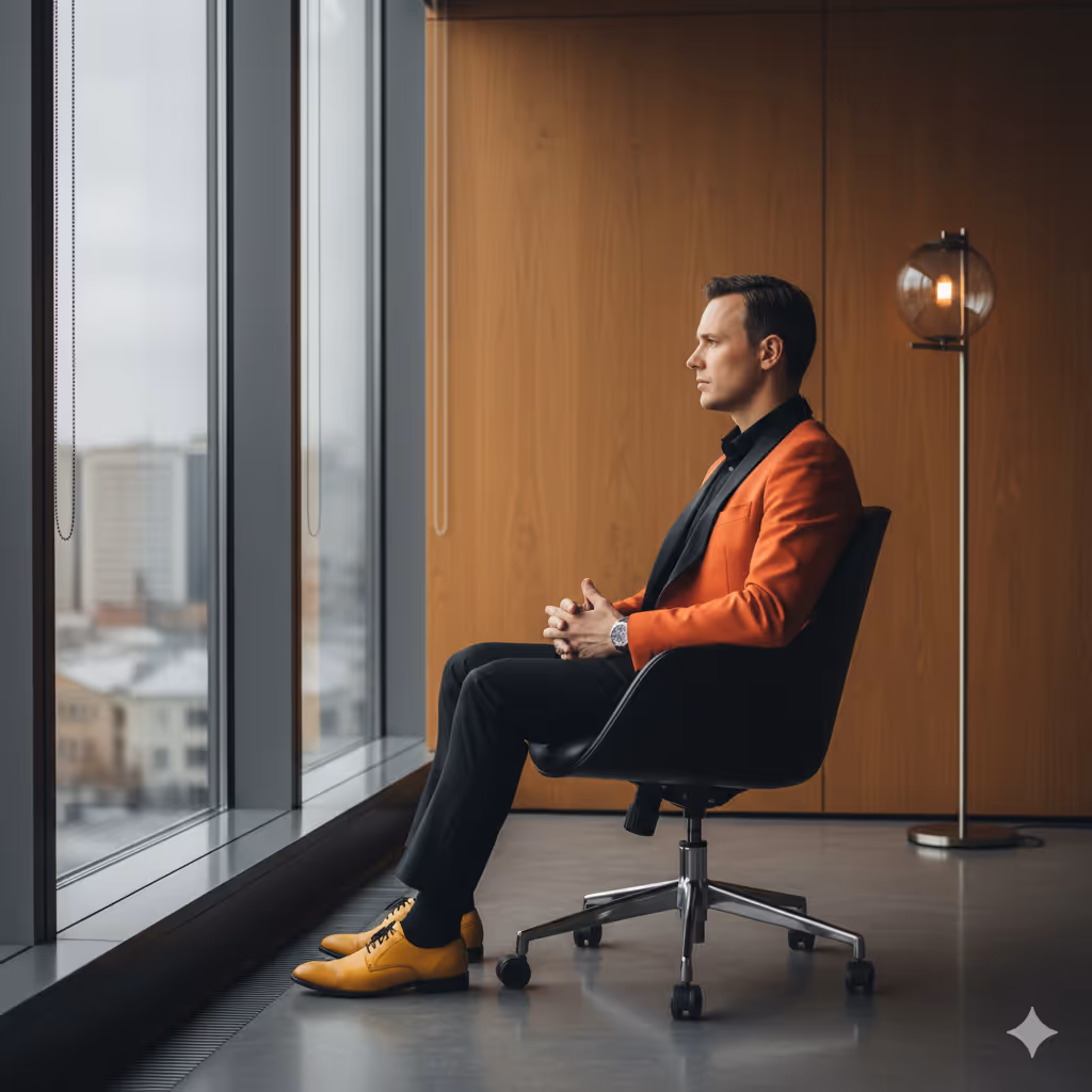 Person sitzt seitlich am Fenster, trägt orangen Blazer und schwarze Kleidung, nachdenklich.
