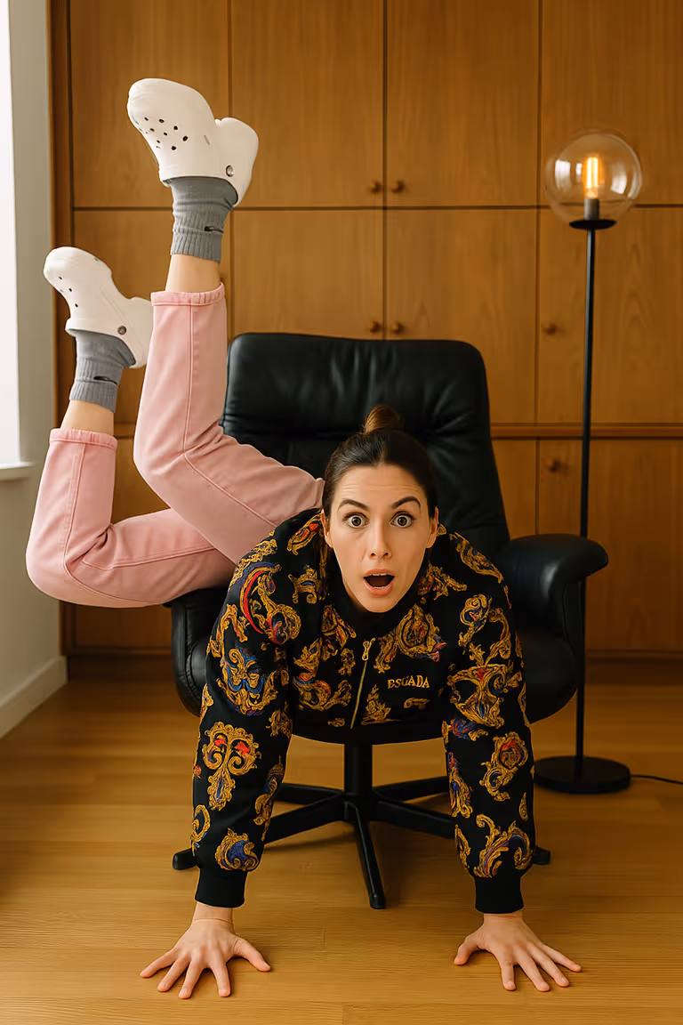 Person macht Handstandpose vor Sessel, trägt bunte Jacke und rosa Hose, Gesicht überrascht.
