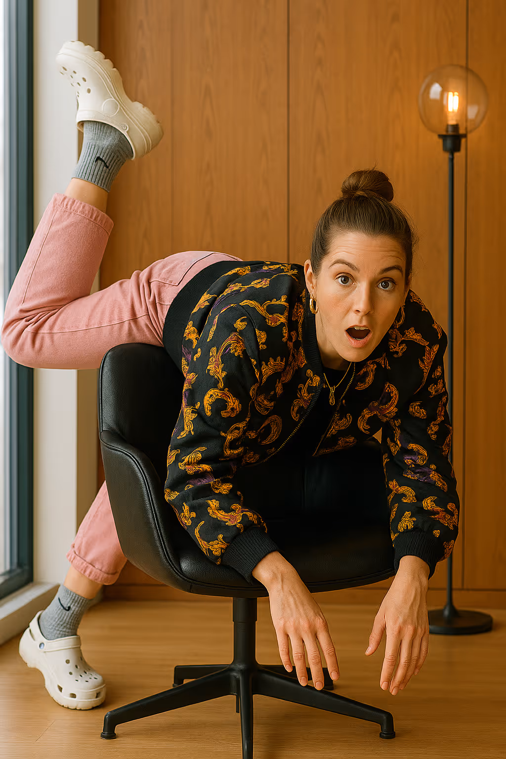 Person liegt halb auf Stuhl, trägt bunte Jacke und rosa Hose, Gesicht überrascht.
