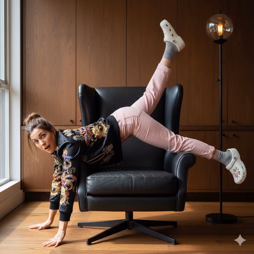 Person lehnt halb auf Stuhl, trägt bunte Jacke und rosa Hose, Gesicht überrascht.
