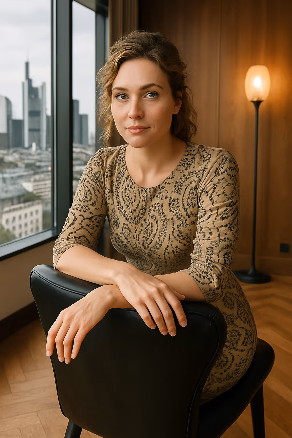 Person sitzt im Sessel, trägt gemustertes Kleid, schaut ruhig in die Kamera, Skyline im Hintergrund.
