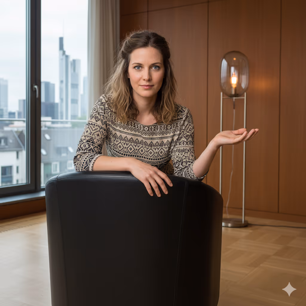 Person lehnt im Sessel vor, trägt gemustertes Kleid, schaut ruhig in die Kamera.
