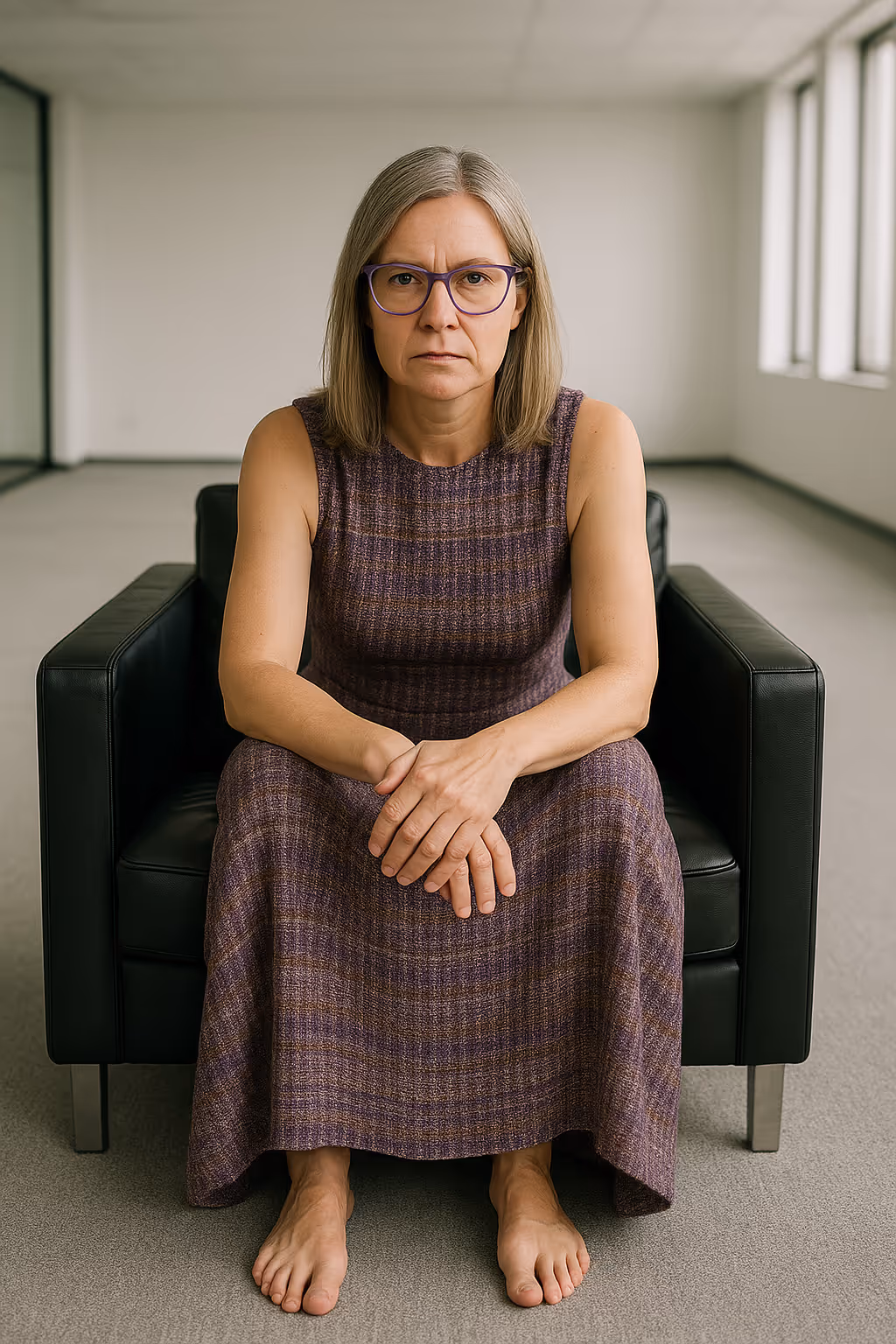 Person sitzt barfuß im Sessel, trägt lila Kleid und Brille, schaut ernst in die Kamera.
