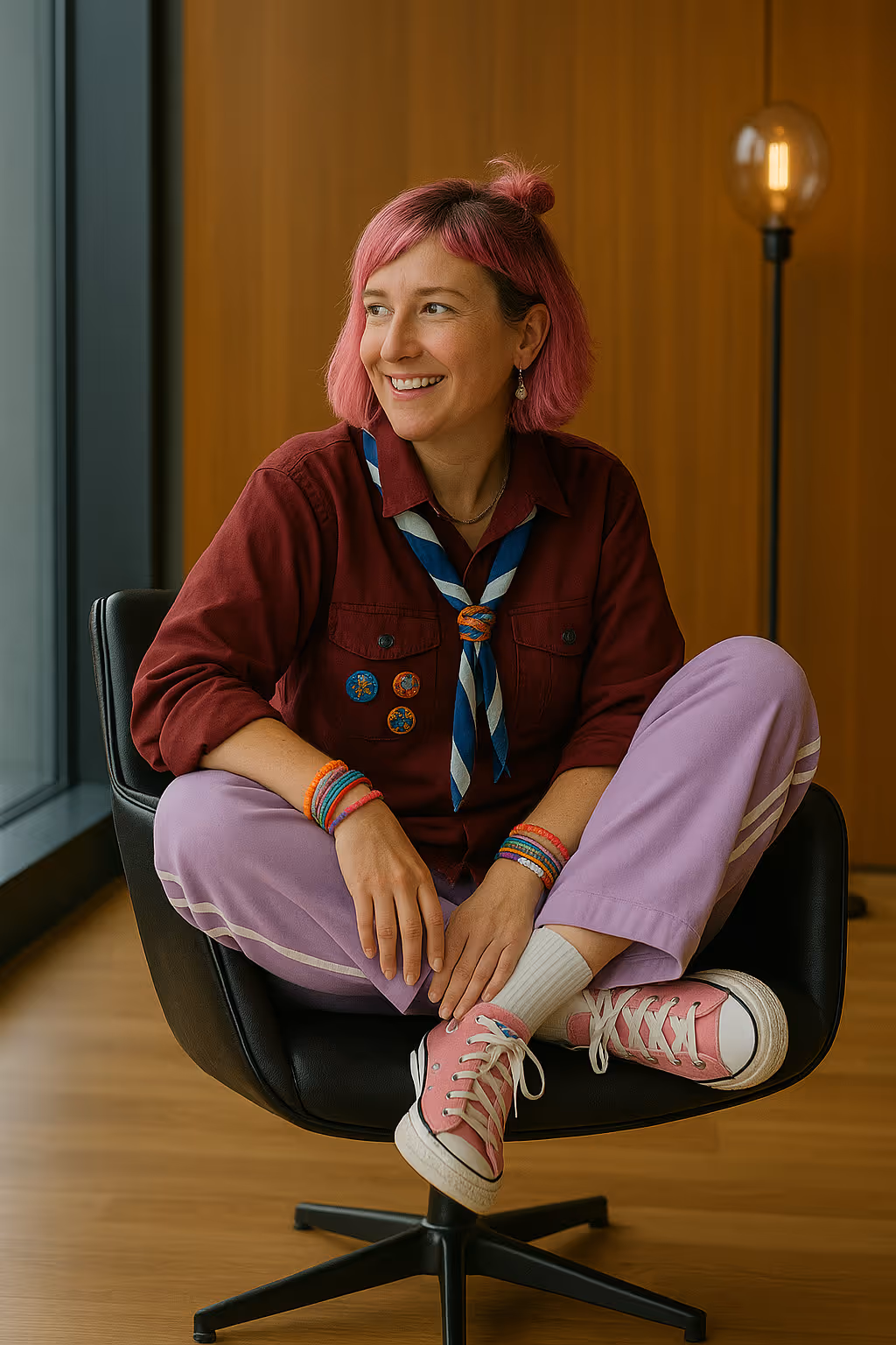 Person sitzt lachend im Sessel, trägt bordeauxfarbenes Hemd und lila Hose.
