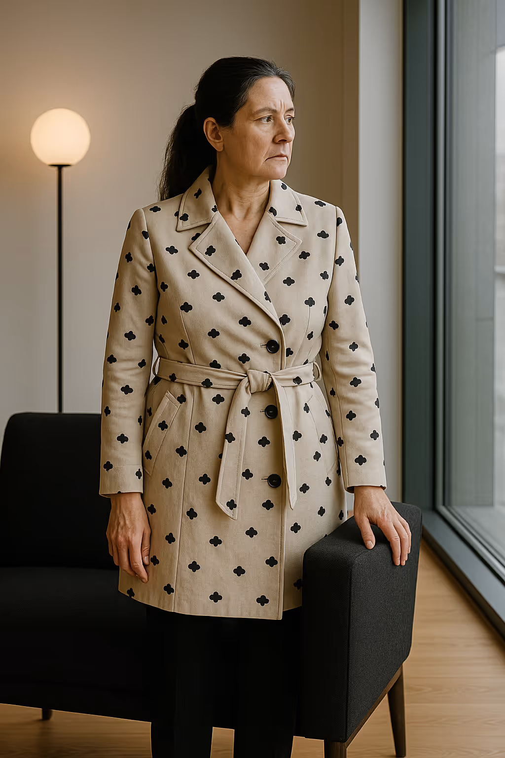 Person steht am Fenster, trägt beigen Mantel mit schwarzen Wolkenmustern.
