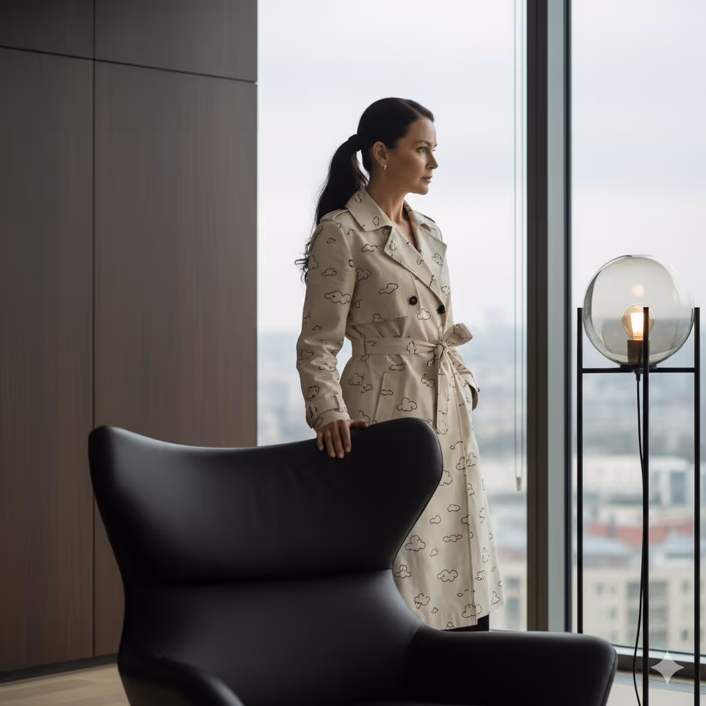 Person steht am Fenster, trägt beigefarbenen Mantel mit schwarzen Wolkenmustern.
