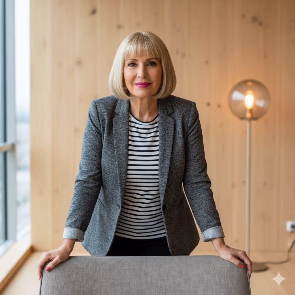 Person steht hinter Stuhl, trägt grauen Blazer und Ringelshirt, lächelt in Kamera.
