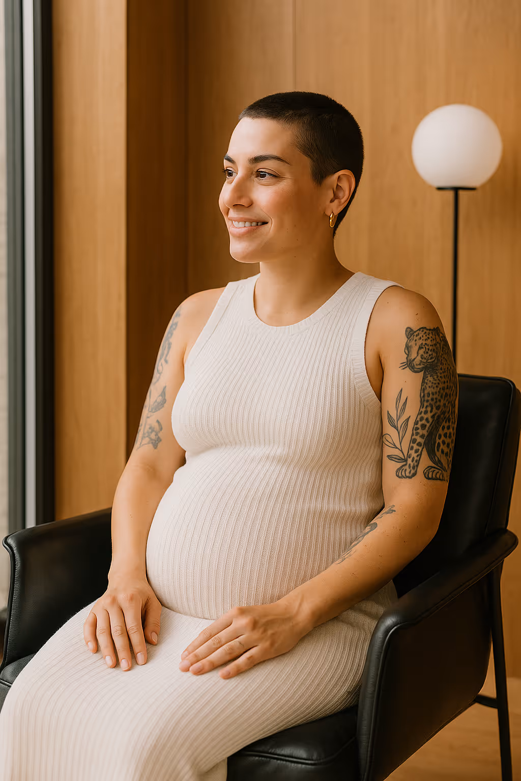 Schwangere Person sitzt im Sessel, trägt weißes Kleid und lächelt aus dem Fenster.
