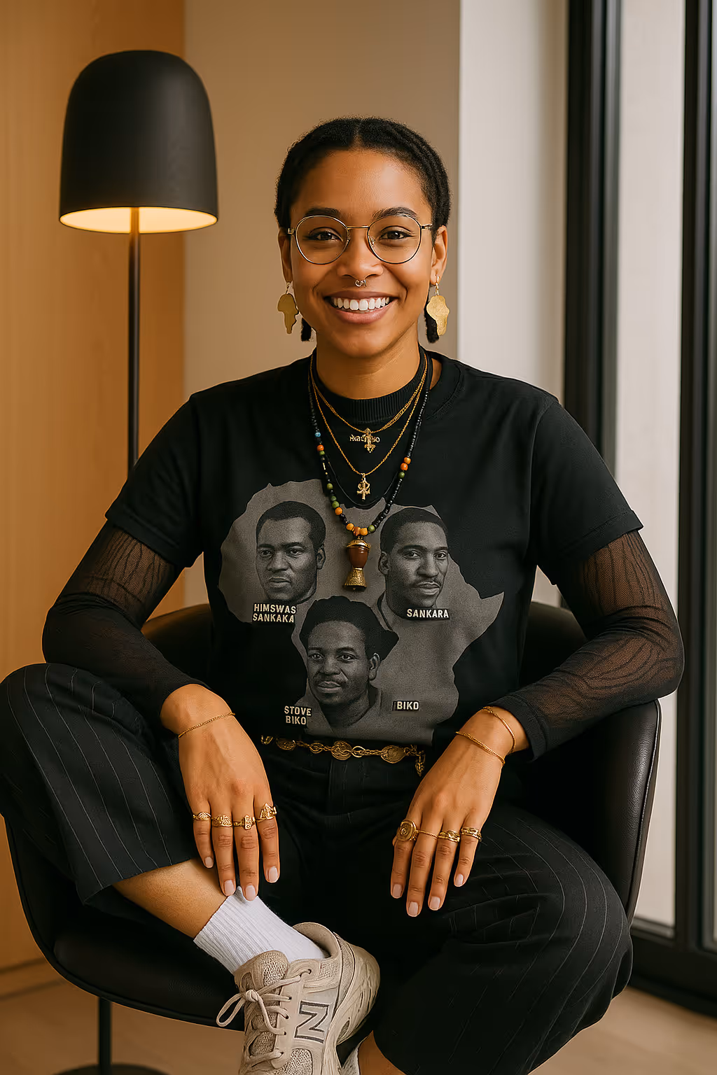 Lachende Person sitzt im Sessel, trägt schwarzes T-Shirt mit Porträtdruck und Schmuck.
