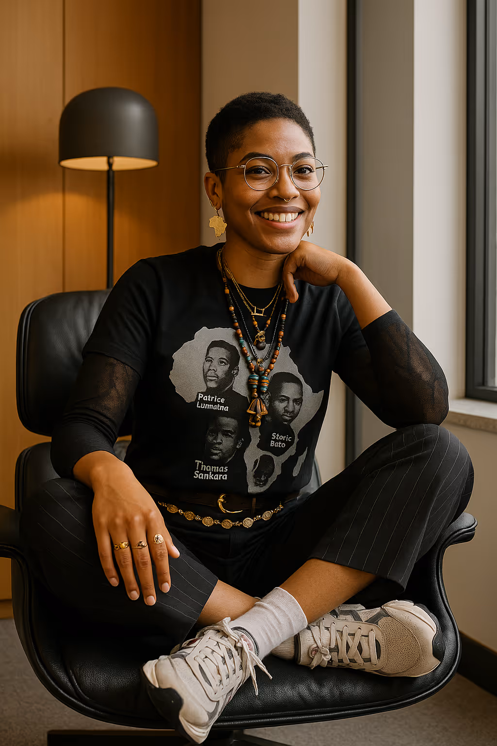 Person sitzt im Sessel, trägt schwarzes T-Shirt mit Porträtdruck und goldenen Schmuck.
