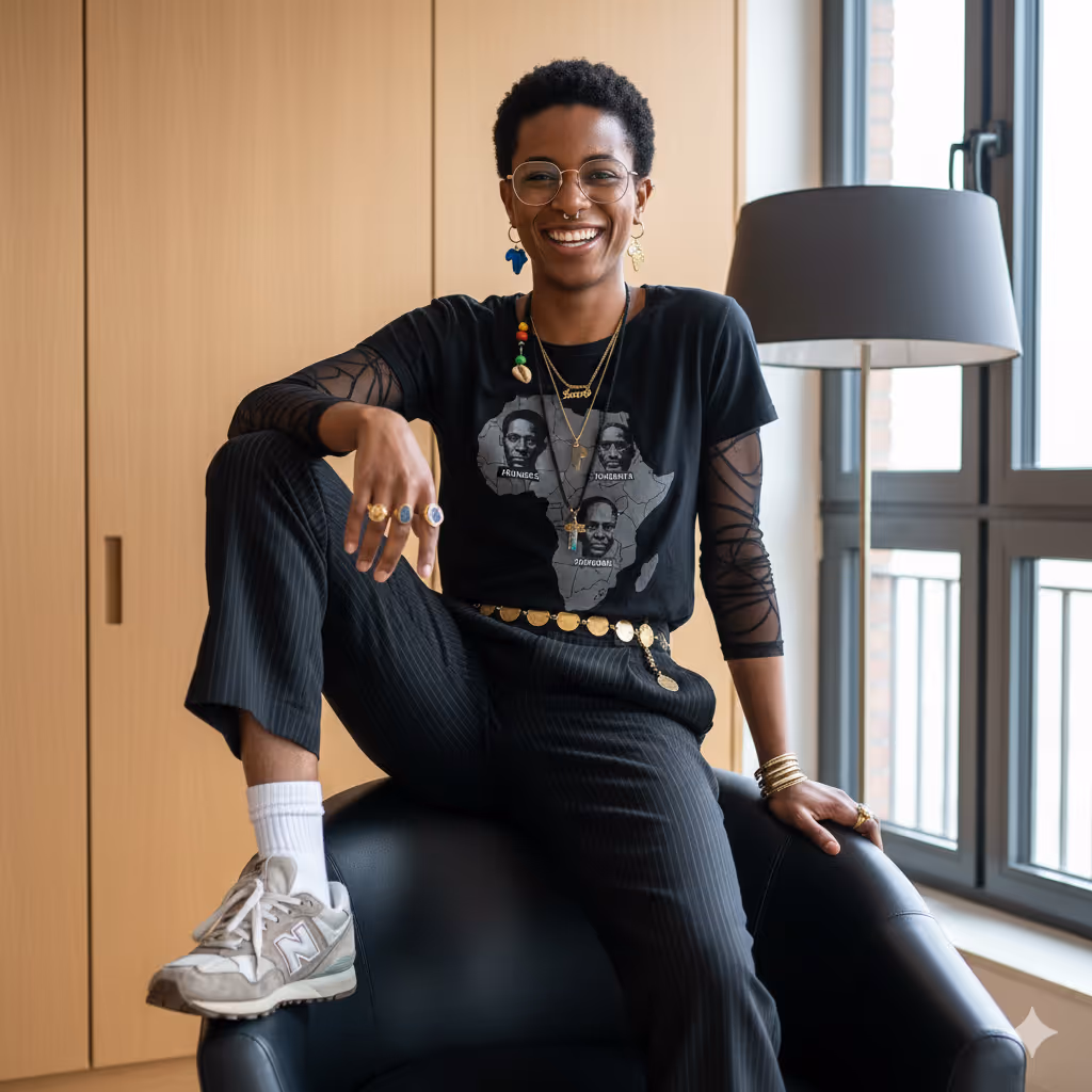 Person sitzt lächelnd auf Stuhl, trägt schwarzes Shirt mit Porträtdruck und Schmuck.
