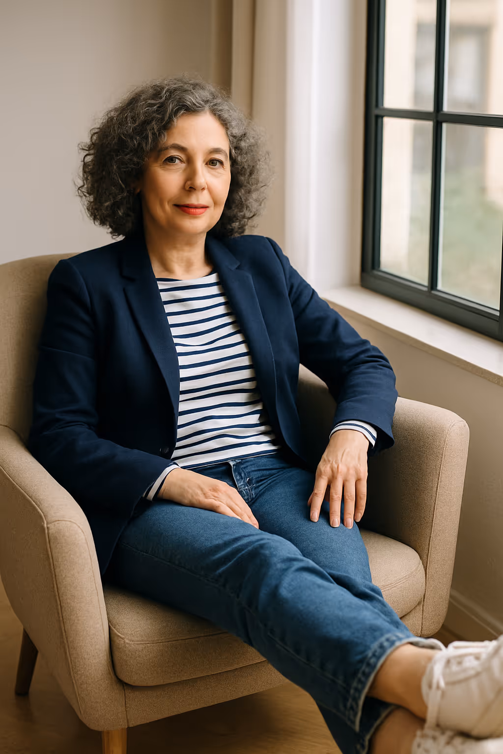 Person sitzt im Sessel, trägt blaues Sakko und Ringelshirt, Blick ruhig in die Kamera.
