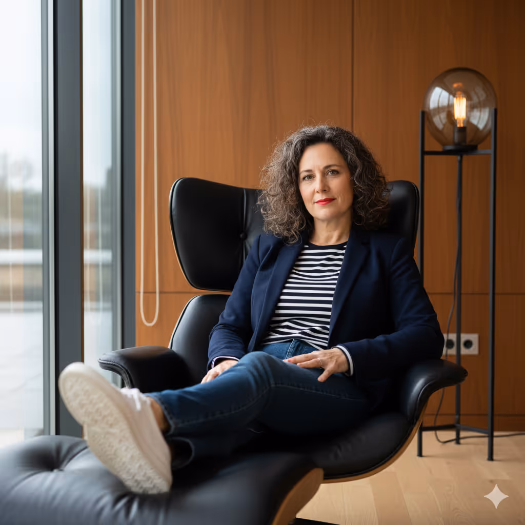 Person sitzt entspannt im schwarzen Sessel, trägt blauen Blazer und Jeans.
