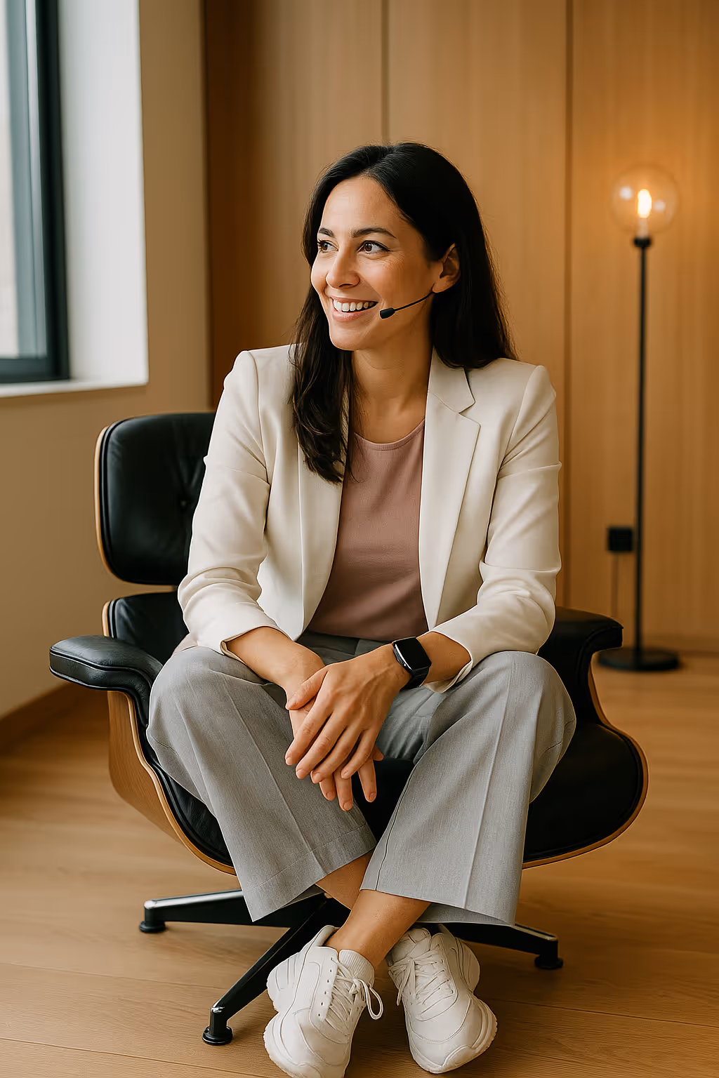 Person mit Headset sitzt im Sessel, trägt weißen Blazer und rosa Shirt, lächelt seitlich.
