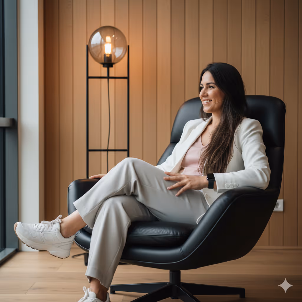 Person sitzt im schwarzen Stuhl, trägt weißen Blazer und Headset, lächelt ruhig.
