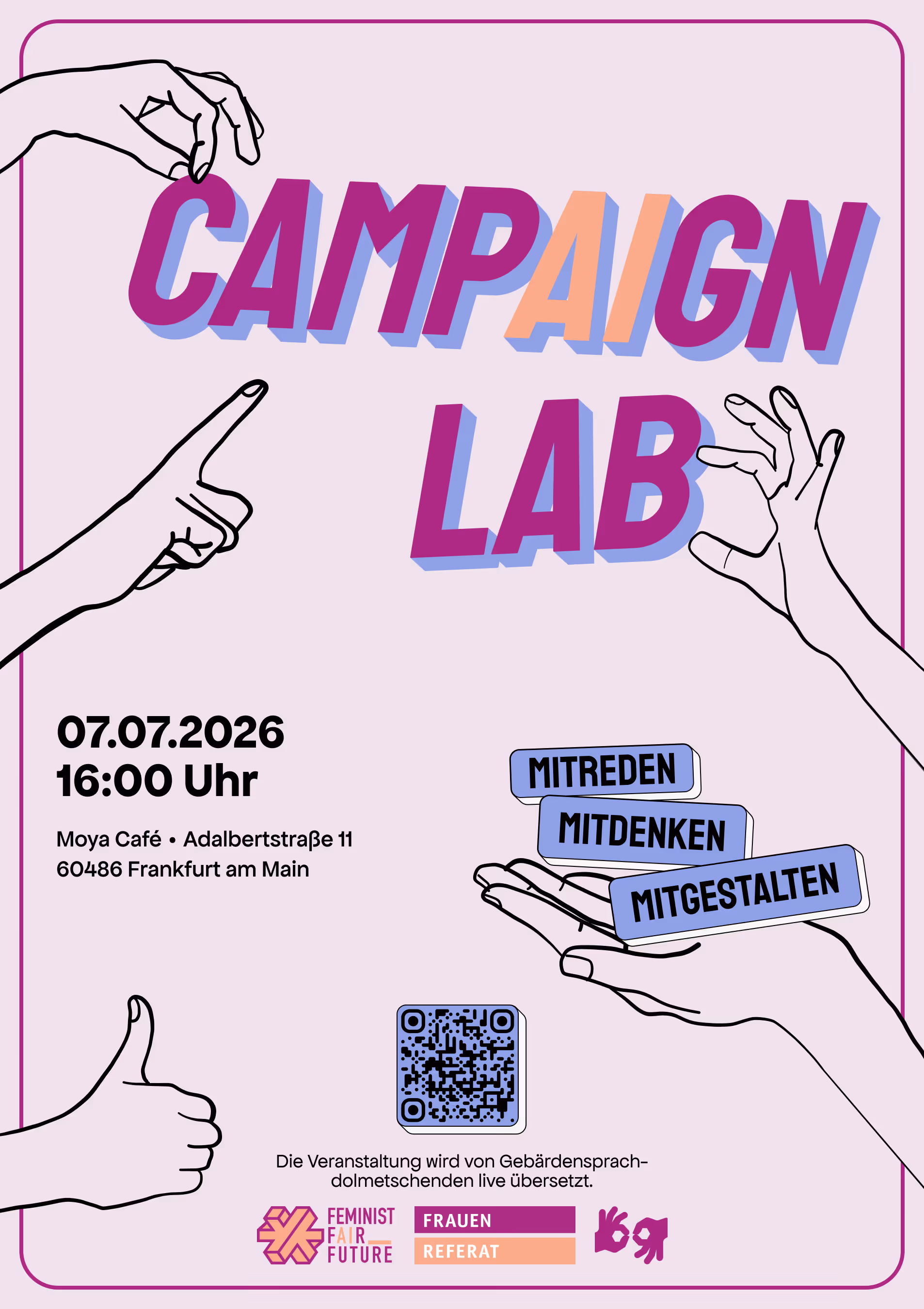 Plakat zum Campaign Lab mit vielen Illustrationen von Händen.