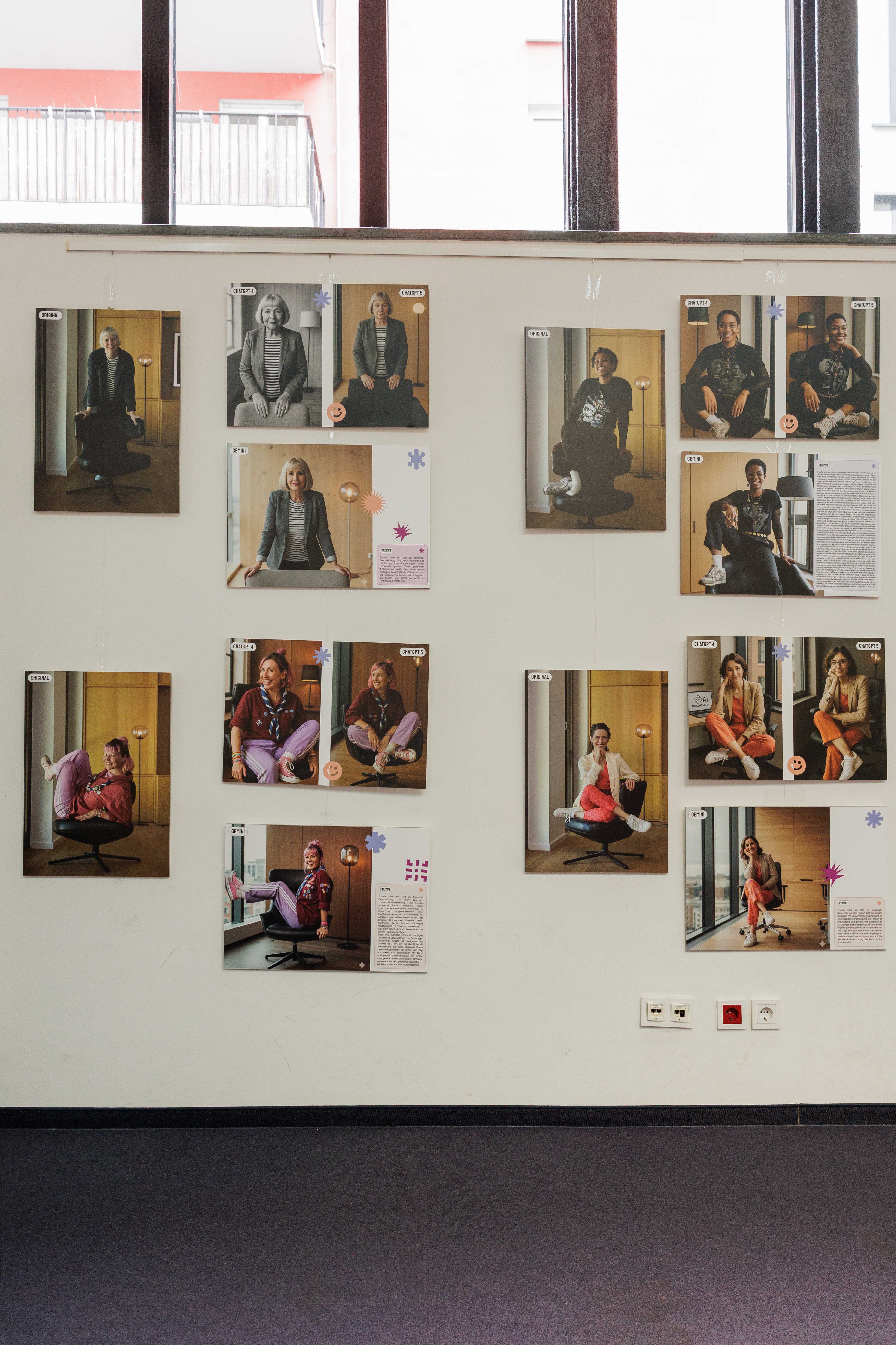 Wand mit Hängung von Portraitfotos von vier Personen, je Original und bearbeitete Versionen.