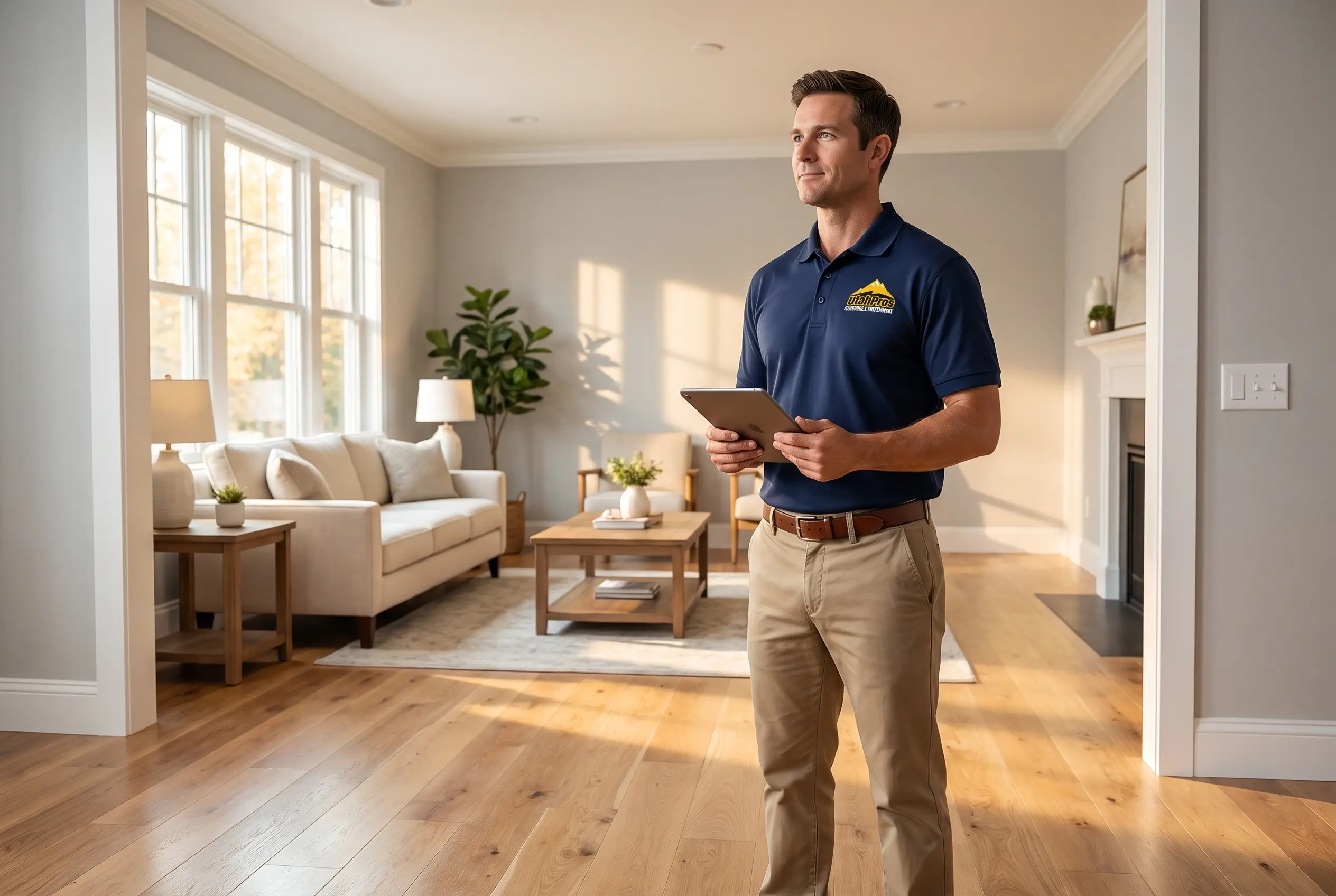 Utah Pros technician walking through a beautifully reconstructed and remodeled living room