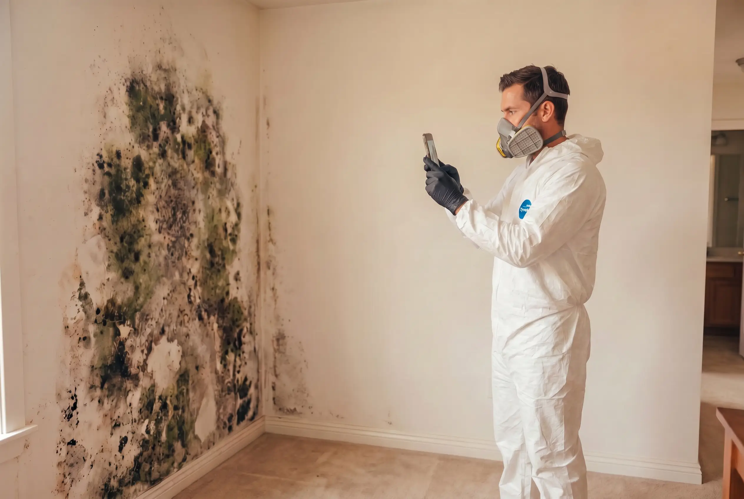 Utah Pros technician performing mold remediation in a sealed containment area