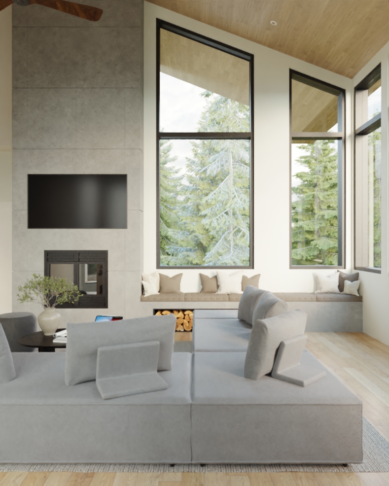 Modern living room with large windows showing evergreen trees, gray sectional sofa, built-in bench with cushions, fireplace, and wall-mounted TV.