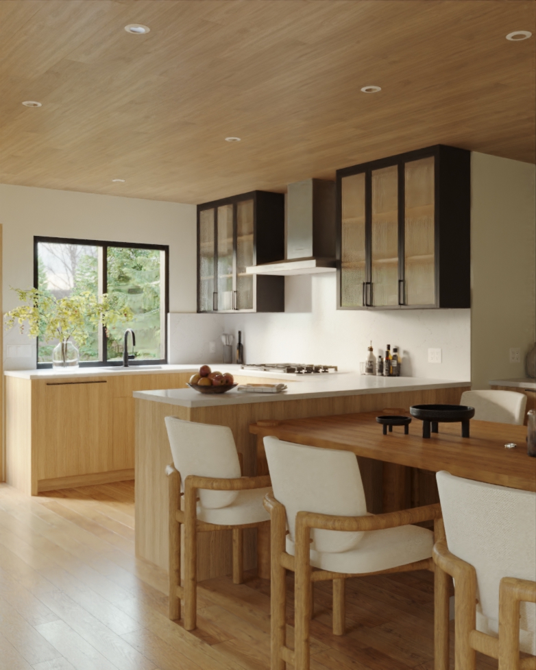 Modern kitchen with wooden cabinets, white countertops, glass-front upper cabinets, and a wooden dining table with cream cushioned chairs.
