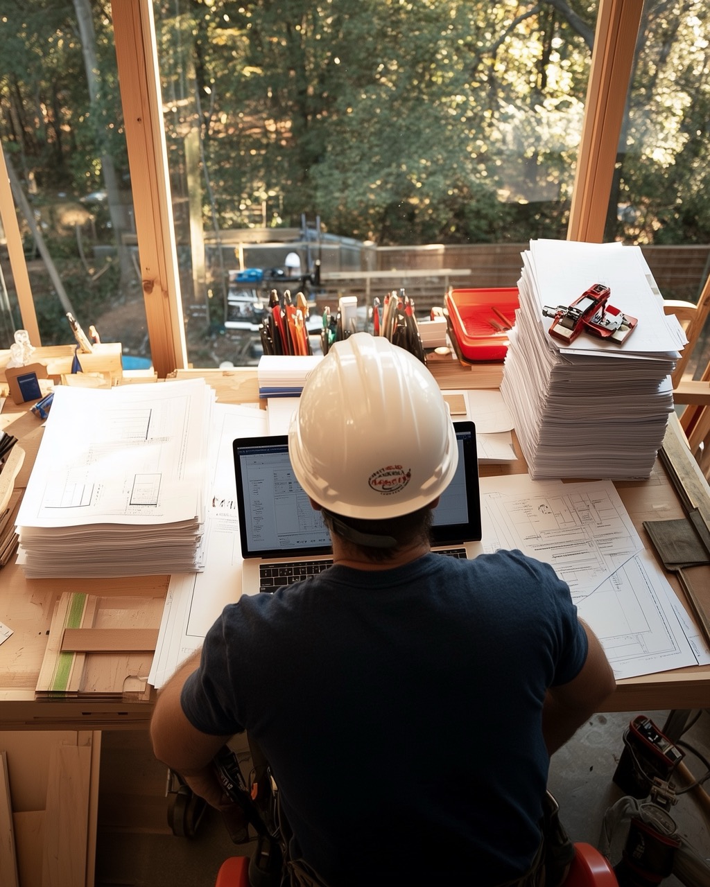 Construction worker wearing a hard hat sitting at a wooden desk with architectural blueprints and a laptop, with a forest visible outside the large window.