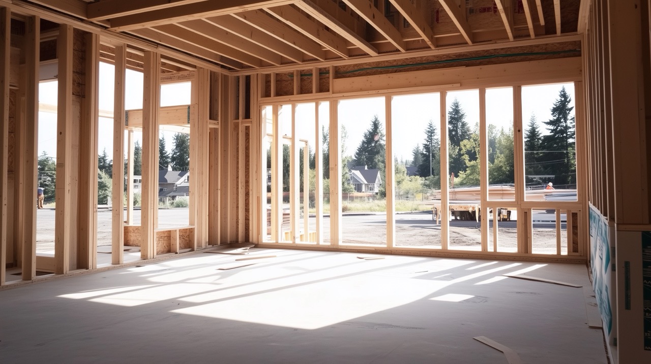Interior of a wooden house under construction with exposed framing and large window openings showing an outdoor view with trees and houses.