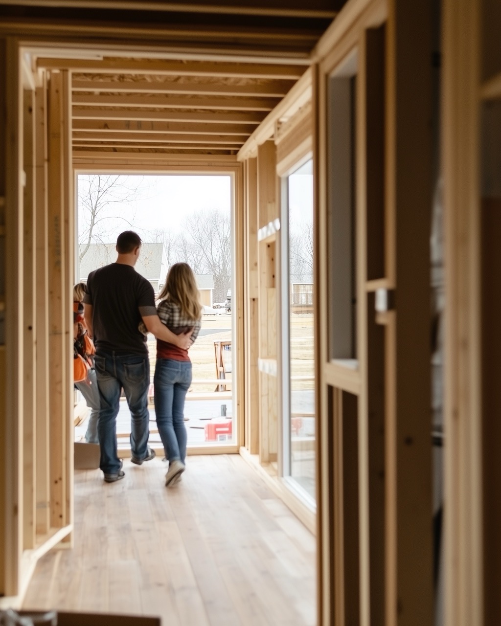 A couple walking arm in arm inside a wooden framed unfinished house toward a large window showing a yard outside.