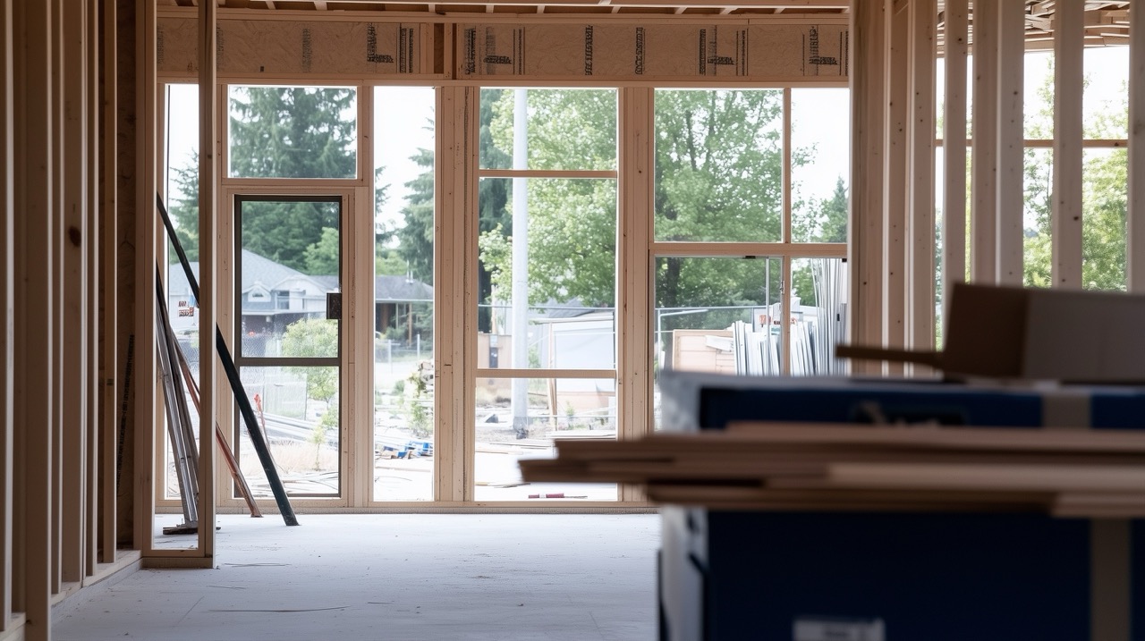 Interior view of a building under construction with wooden framing and large window and door openings showing trees and neighboring houses outside.