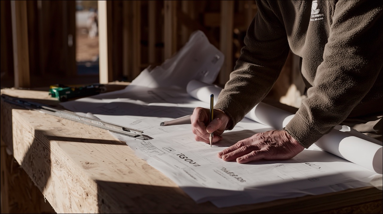 Person sketching on architectural blueprints spread out on a wooden workbench inside a building under construction.