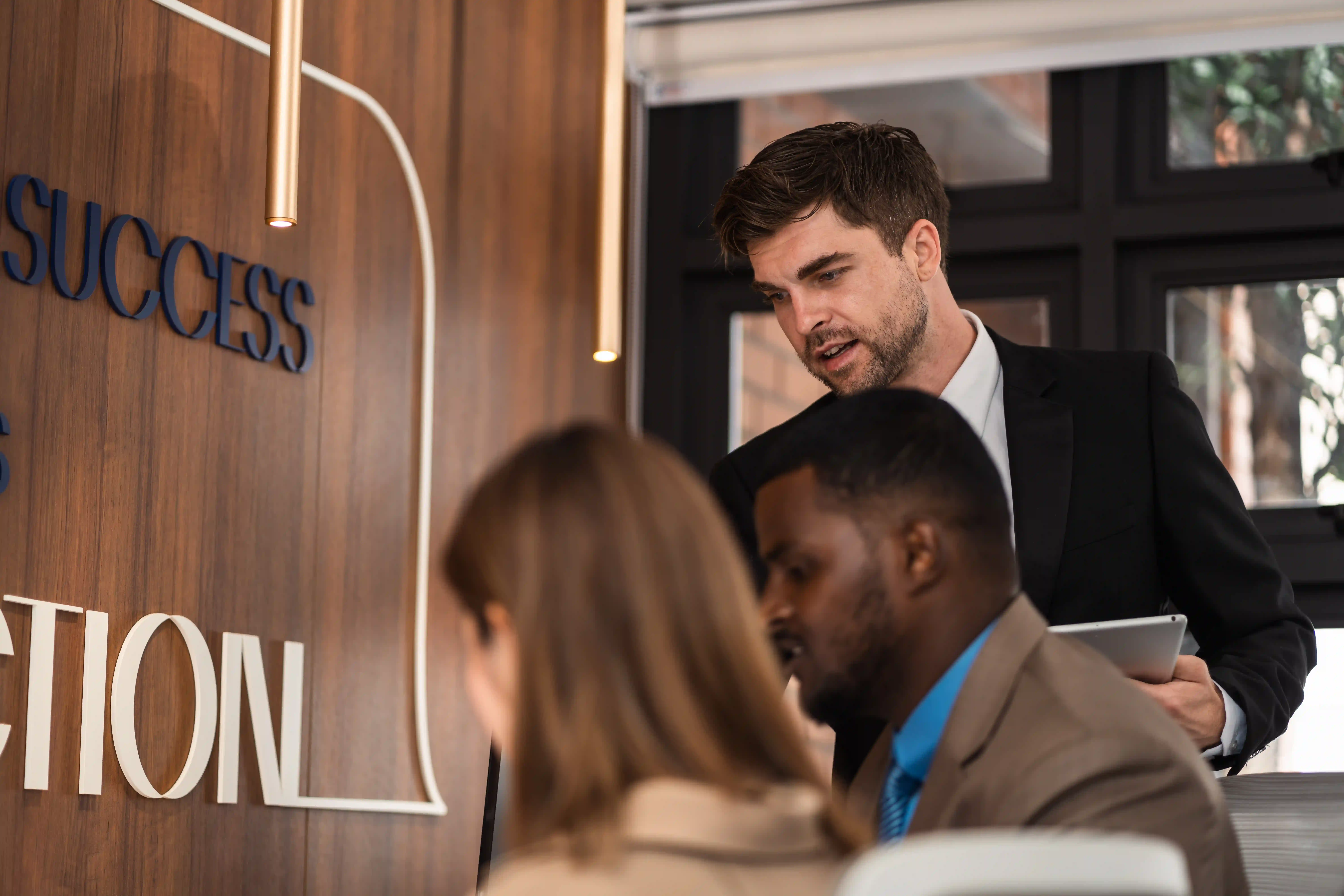 Business team discussing ideas in a modern office