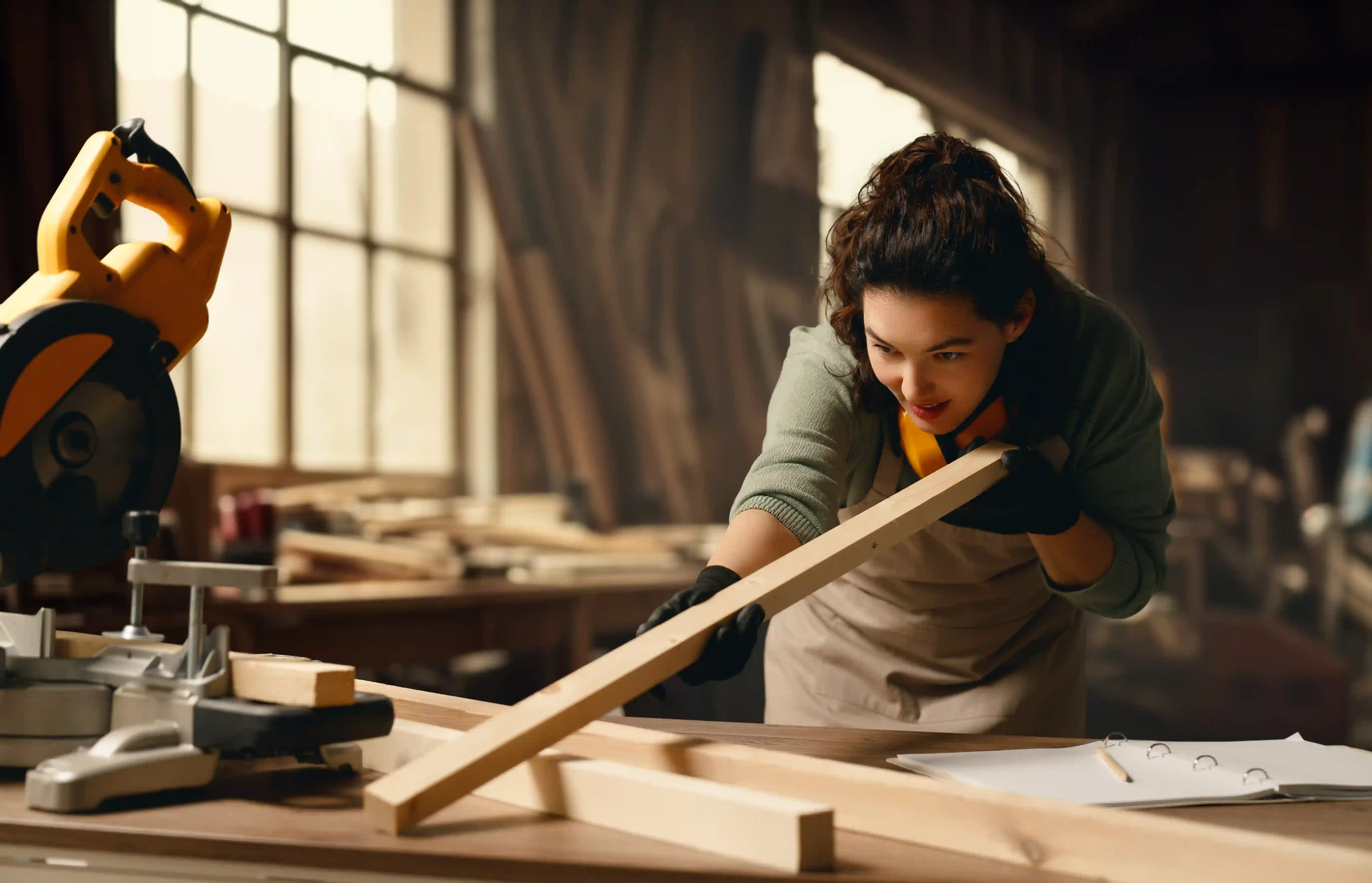 Woman crafting with wood in a workshop