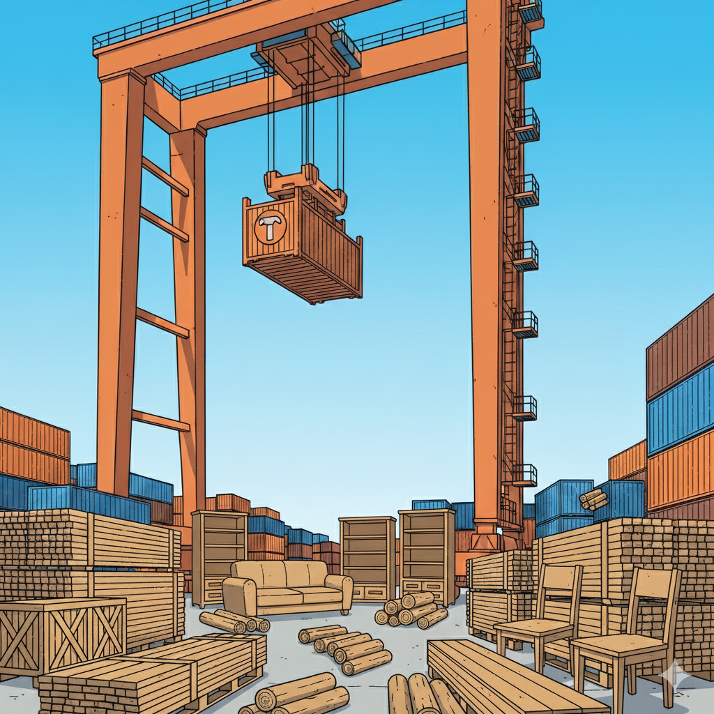 ocean port with containers of lumber and furniture