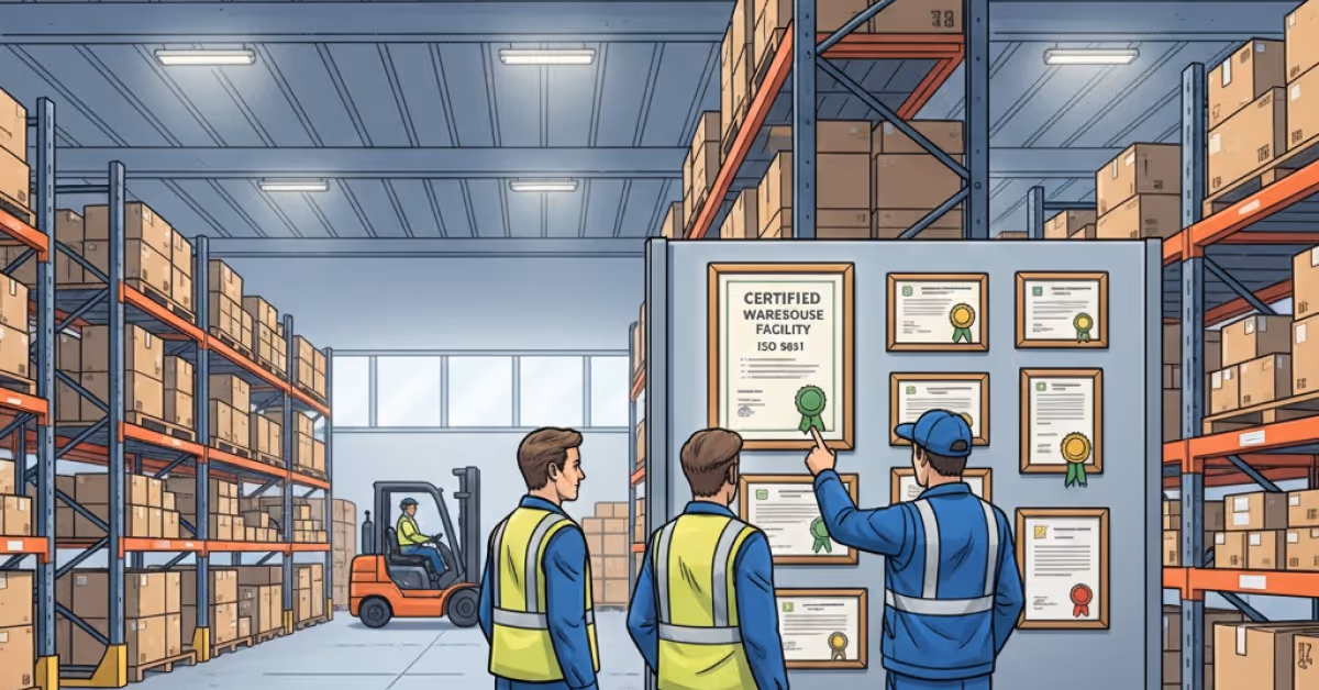 Warehouse facility certifications on a board