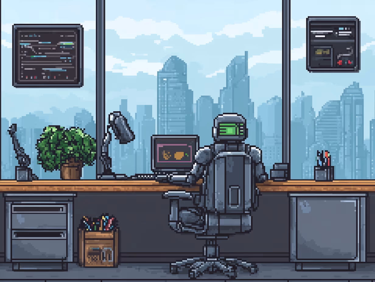 An AI robot writing content and their business desk.