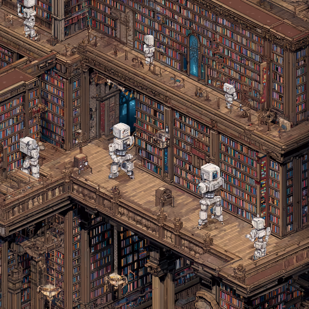 some AI robots managing the library of business knowledge.